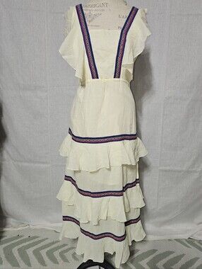 Primo Emporio Cream Maxi Dress with Blue and Pink Embroidered Bands